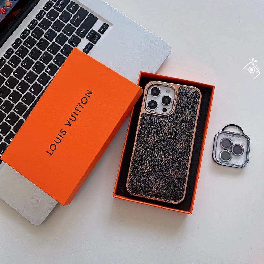 Louis Vuitton iPhone Case Luxury Classic Leather Rhinestone Camera Lens Protector for 12-pro-max