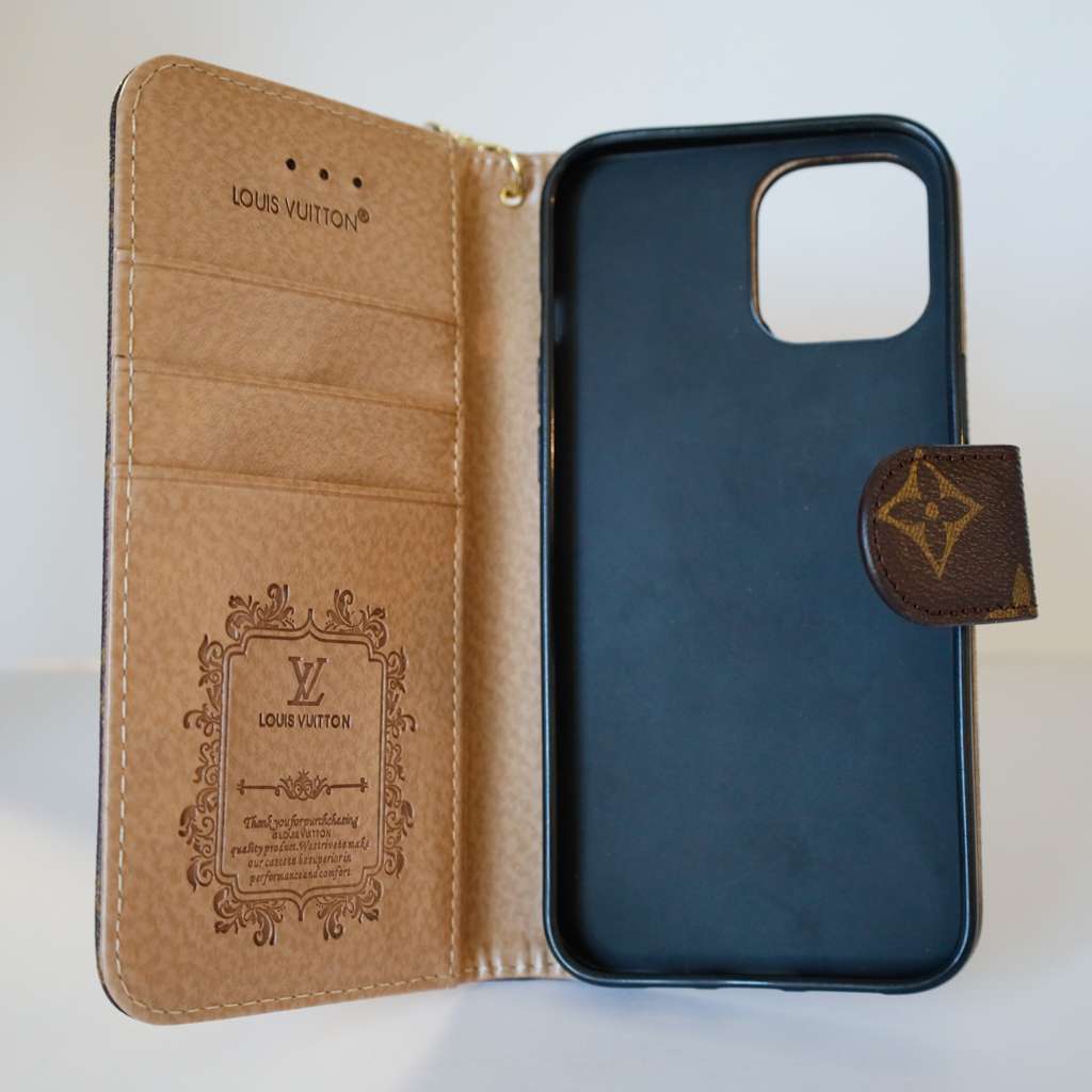 LV Brown Monogram Leather Wallet Case iPhone X 11 12 13 14 15 16 Pro Max Plus for 11-pro-max