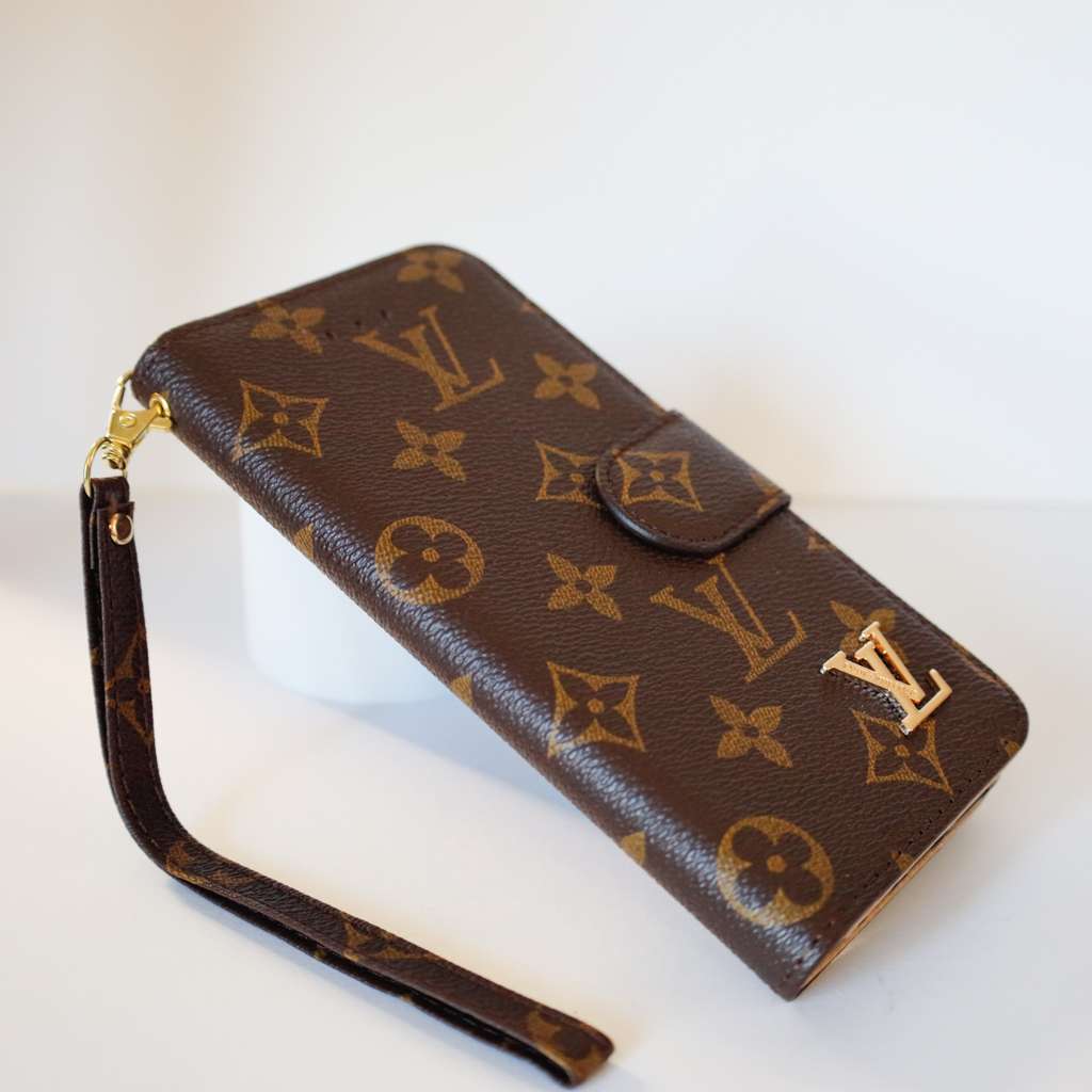 LV Brown Monogram Leather Wallet Case iPhone X 11 12 13 14 15 16 Pro Max Plus