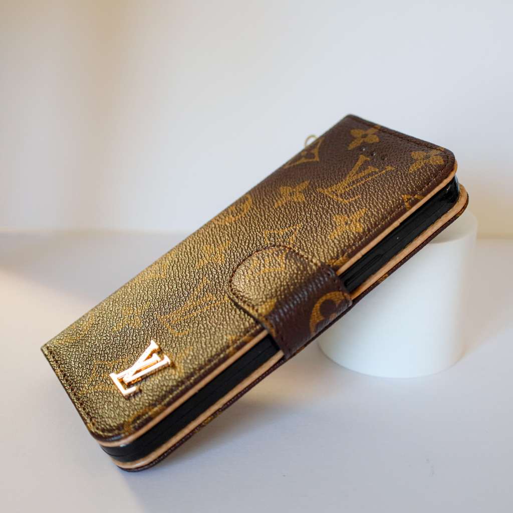 LV Brown Monogram Leather Wallet Case iPhone X 11 12 13 14 15 16 Pro Max Plus for 13-pro