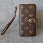 LV iPhone Folio Wallet Case For 11 12 13 14 15 16 Pro Max Plus / Brown Monogram