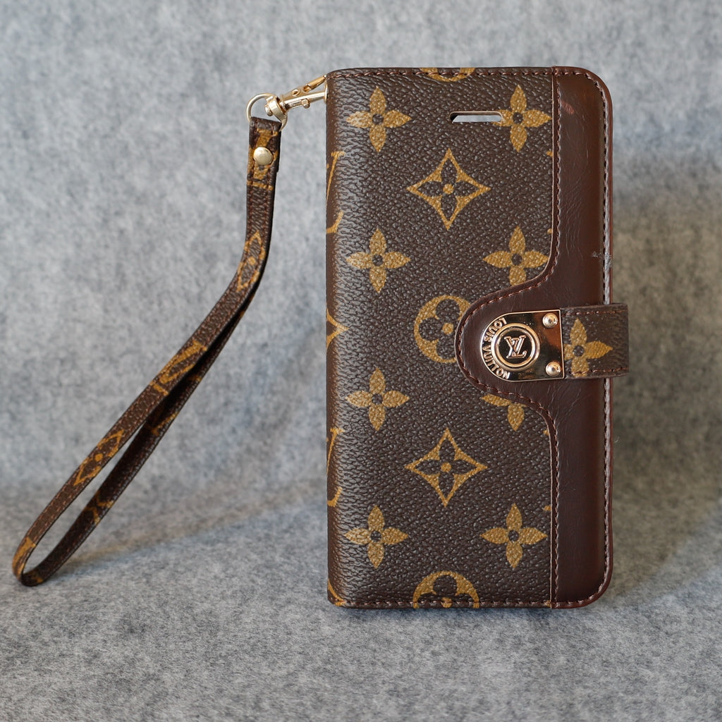 LV iPhone Folio Wallet Case For 11 12 13 14 15 16 Pro Max Plus / Brown Monogram