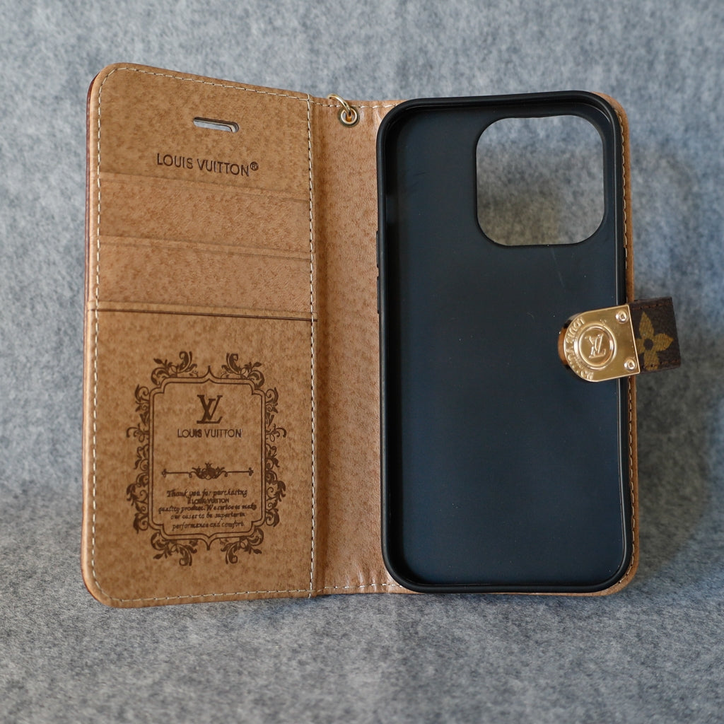 LV iPhone Folio Wallet Case For 11 12 13 14 15 16 Pro Max Plus / Brown Monogram for 11-pro-max
