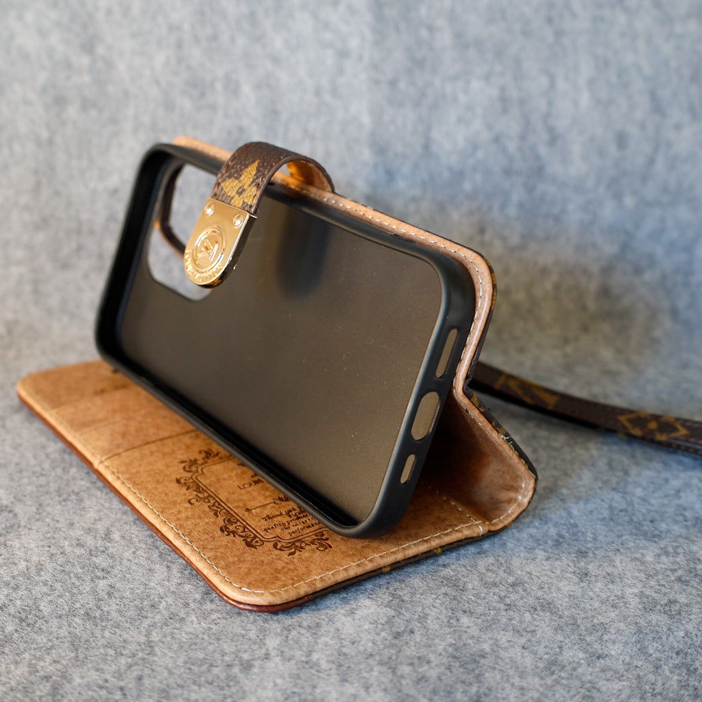 LV iPhone Folio Wallet Case For 11 12 13 14 15 16 Pro Max Plus / Brown Monogram