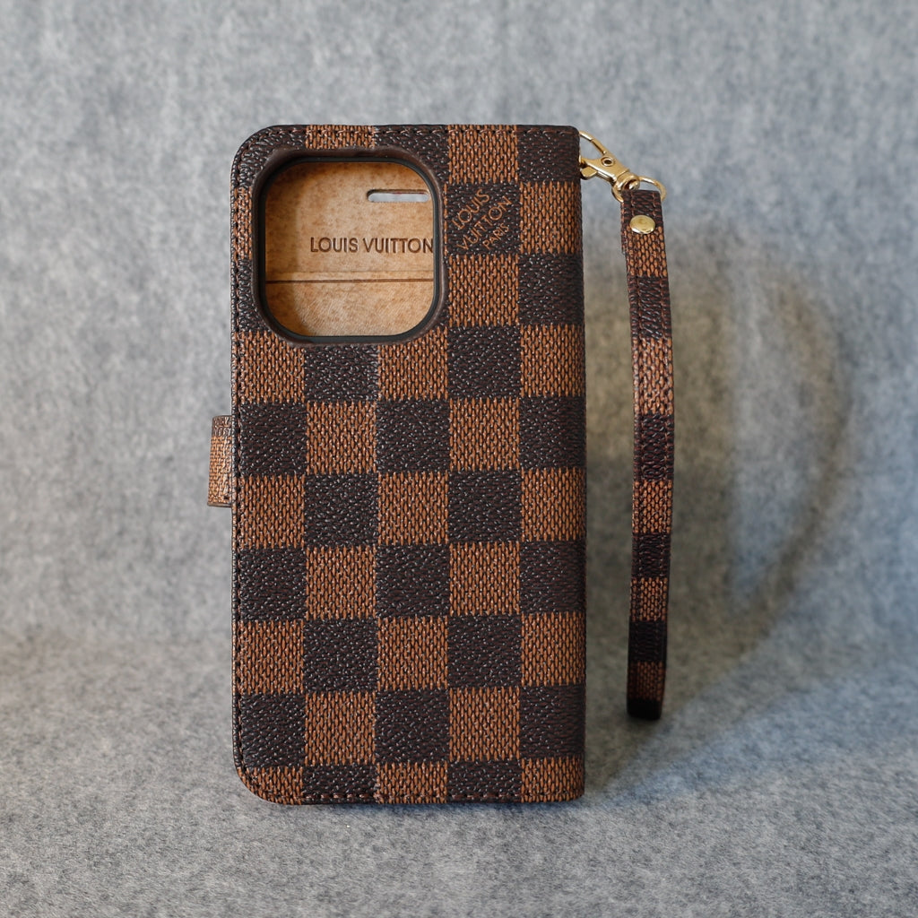 LV Folio Wallet Case For 11 12 13 14 15 16 Pro Max Plus / Brown Checkered for 11-pro