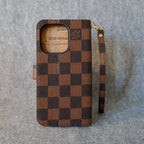 LV Folio Wallet Case For 11 12 13 14 15 16 Pro Max Plus / Brown Checkered for 11-pro
