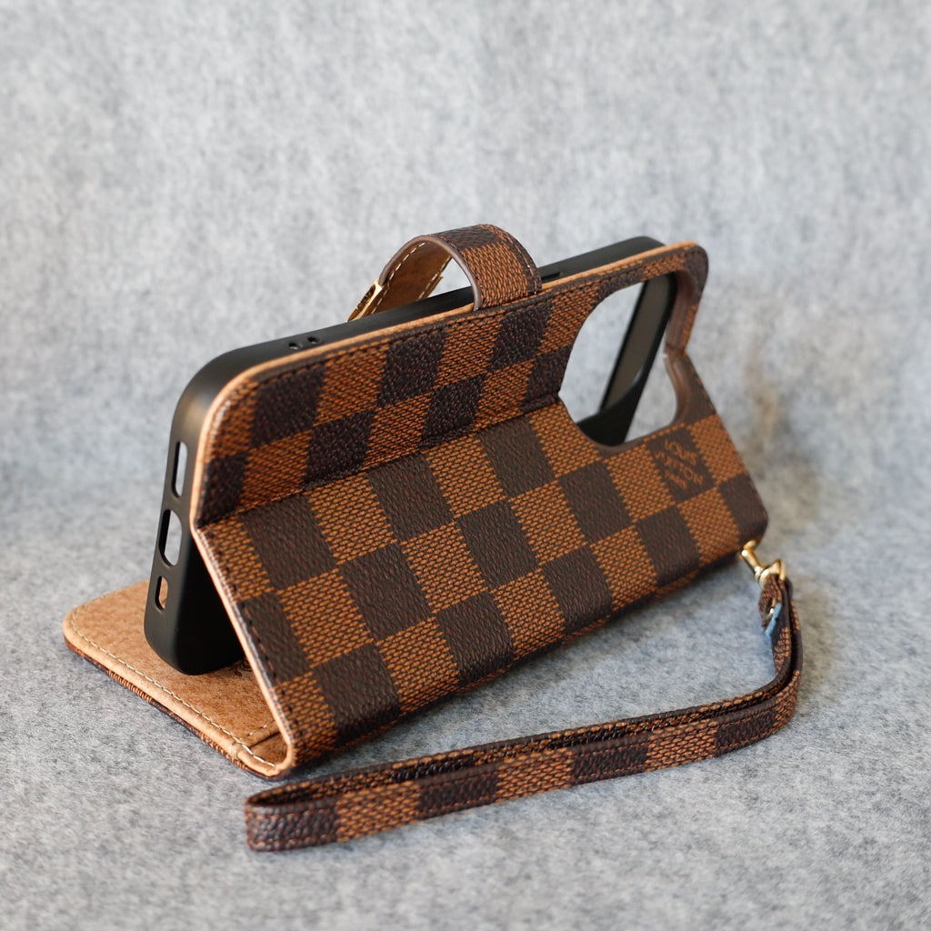 LV Folio Wallet Case For 11 12 13 14 15 16 Pro Max Plus / Brown Checkered