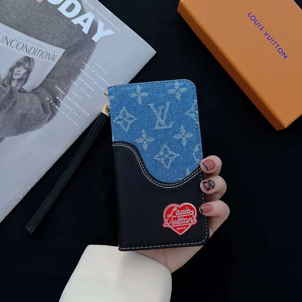 Blue Denim Leather Wallet Case Kickstand Function iPhone X 11 12 13 14 15 16 Pro Max Plus for 13-pro