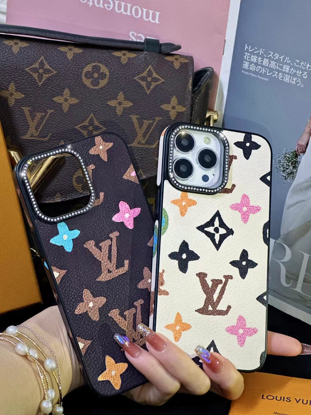 LV Monogram Rhinestone iPhone Case 12 13 14 15 16 Pro Max
